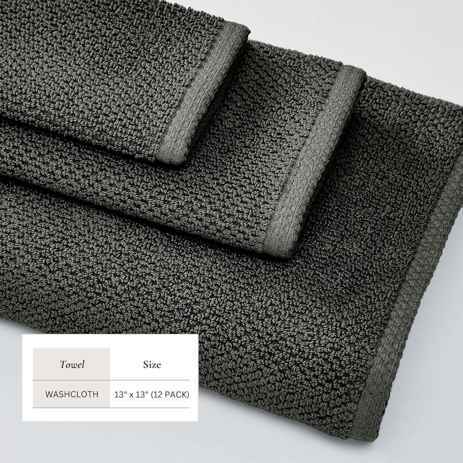 Dark Grey Washcloth - 100 Cotton 12-Pack 13x13 - Soft Absorbent Durable